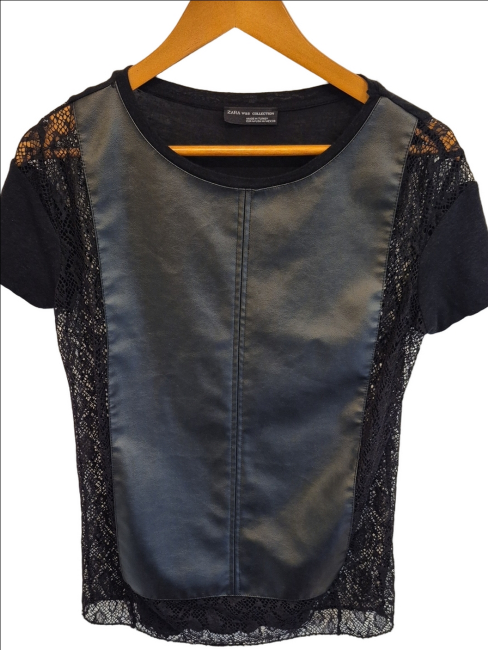 Zara W&B Collection Black Faux Leather Front Lace Short Sleeve Top